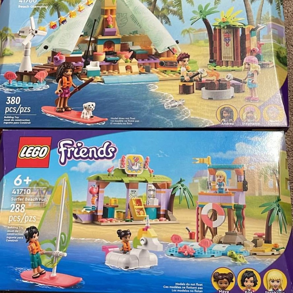 LEGO Friends 41700 and 41710 beach glamping/surfer beach fun